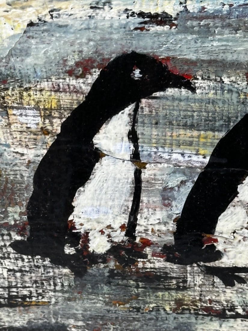Oil Painting Winter Waddle Group Black & White Polar Penguins Antarctica - 16