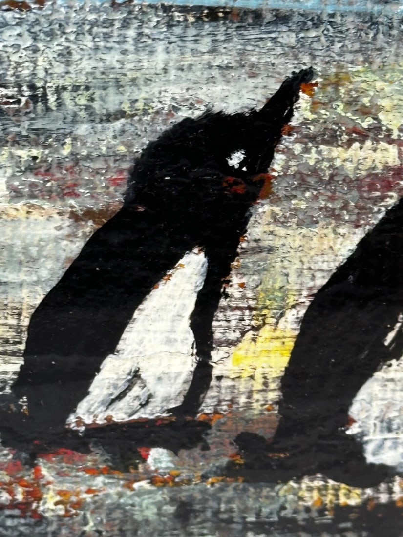 Oil Painting Winter Waddle Group Black & White Polar Penguins Antarctica - 17