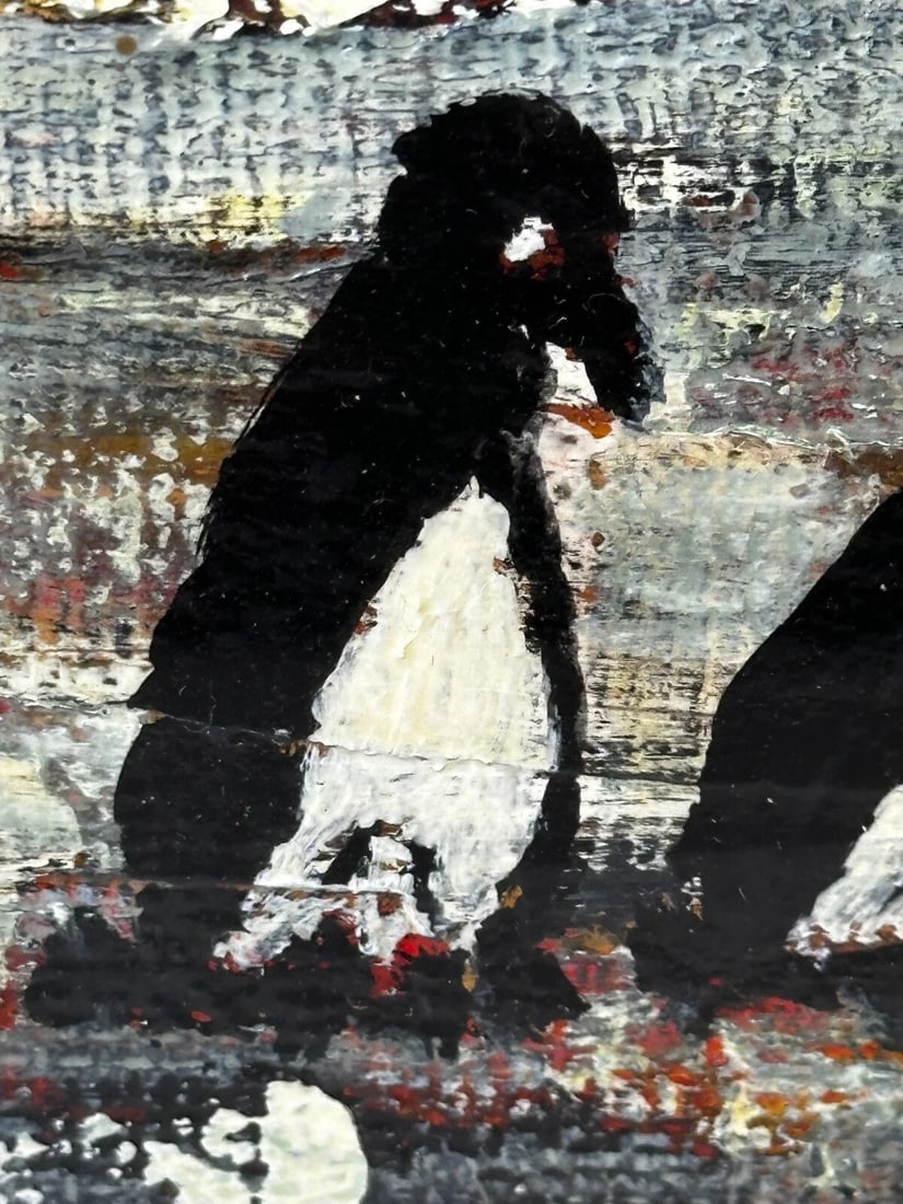 Oil Painting Winter Waddle Group Black & White Polar Penguins Antarctica - 18