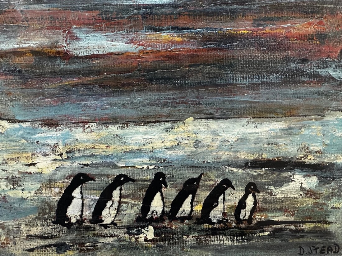 Oil Painting Winter Waddle Group Black & White Polar Penguins Antarctica - 7