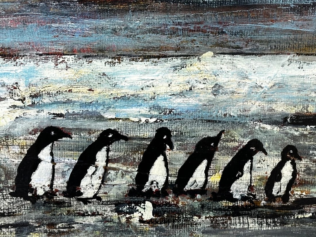 Oil Painting Winter Waddle Group Black & White Polar Penguins Antarctica - 8