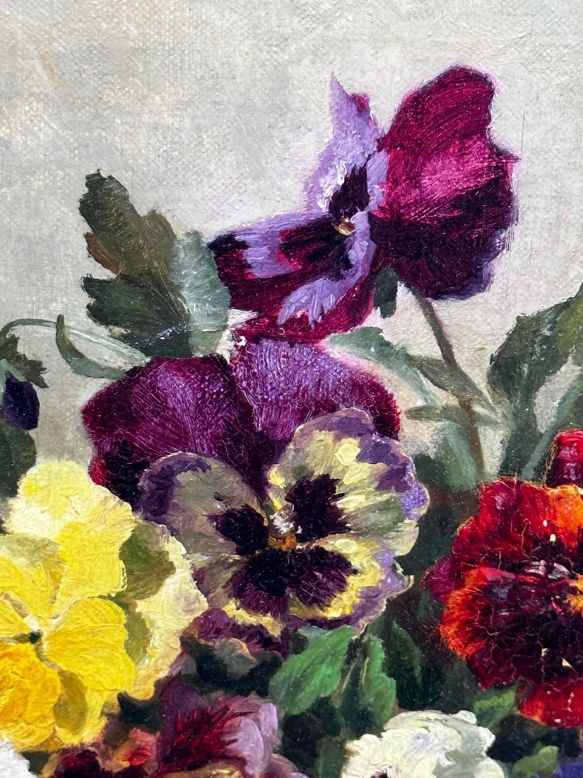 Danish Oil Painting Still Life "Pansies" Flowers Signed Emma Løffler 1843 – 1929 - 12