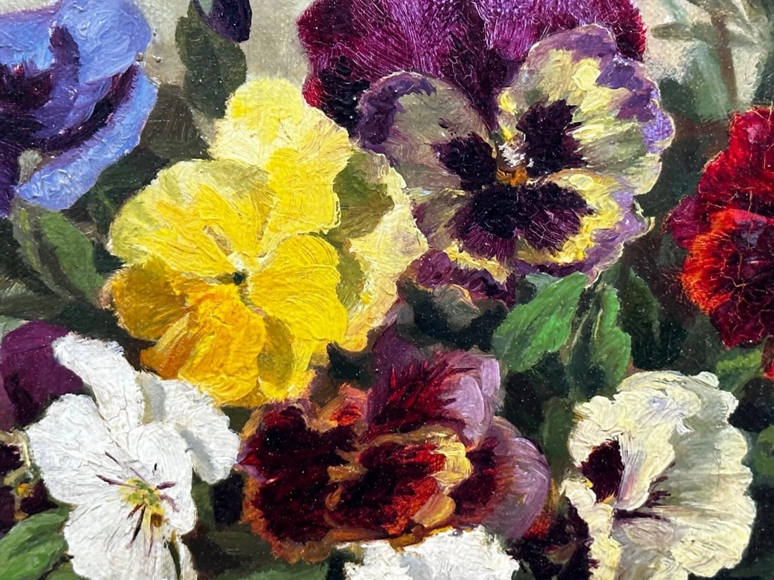 Danish Oil Painting Still Life "Pansies" Flowers Signed Emma Løffler 1843 – 1929 - 13