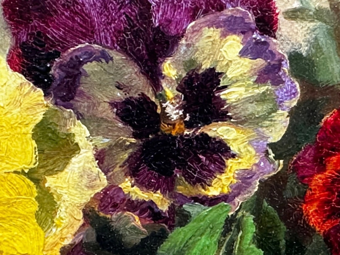 Danish Oil Painting Still Life "Pansies" Flowers Signed Emma Løffler 1843 – 1929 - 14