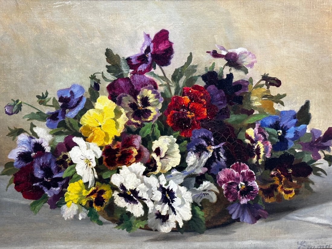 Danish Oil Painting Still Life "Pansies" Flowers Signed Emma Løffler 1843 – 1929 - 2