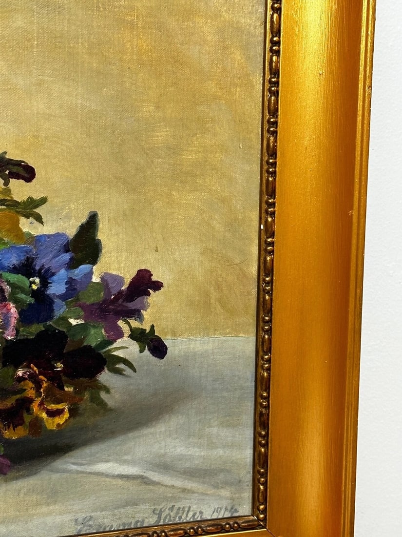 Danish Oil Painting Still Life "Pansies" Flowers Signed Emma Løffler 1843 – 1929 - 3