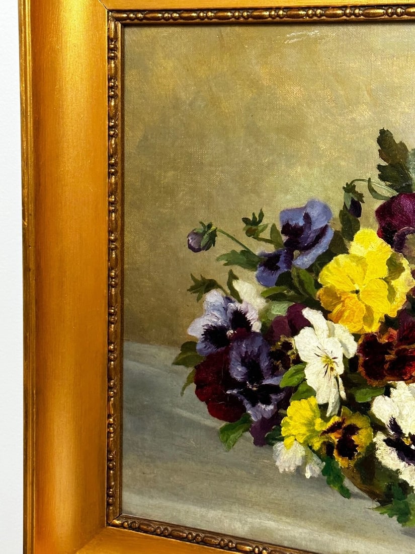 Danish Oil Painting Still Life "Pansies" Flowers Signed Emma Løffler 1843 – 1929 - 4