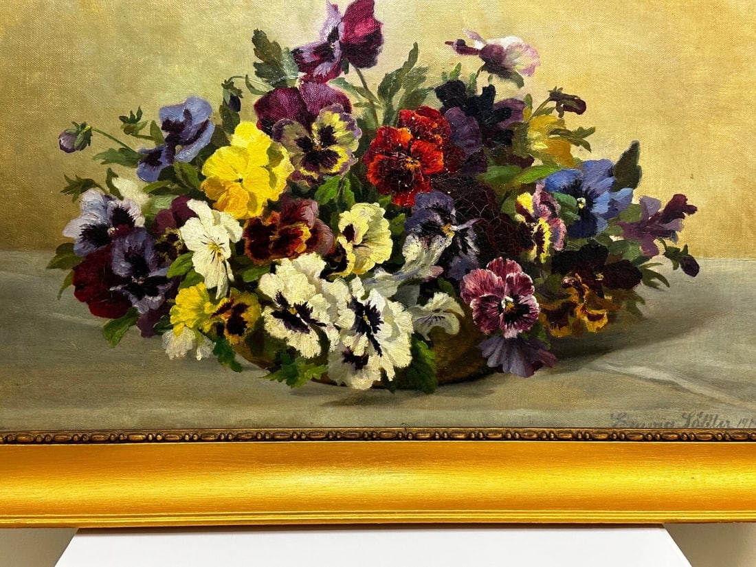 Danish Oil Painting Still Life "Pansies" Flowers Signed Emma Løffler 1843 – 1929 - 5