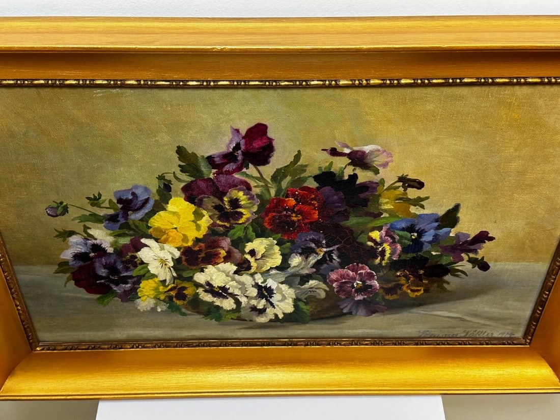 Danish Oil Painting Still Life "Pansies" Flowers Signed Emma Løffler 1843 – 1929 - 6