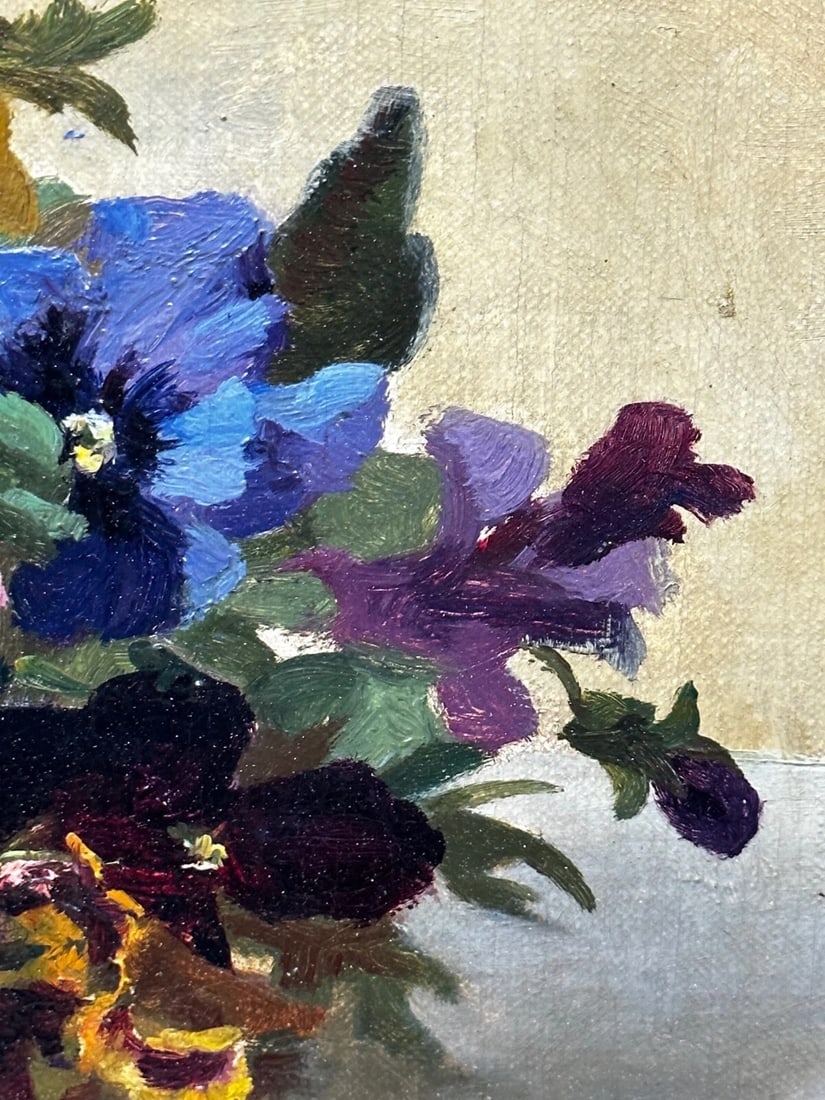 Danish Oil Painting Still Life "Pansies" Flowers Signed Emma Løffler 1843 – 1929 - 8