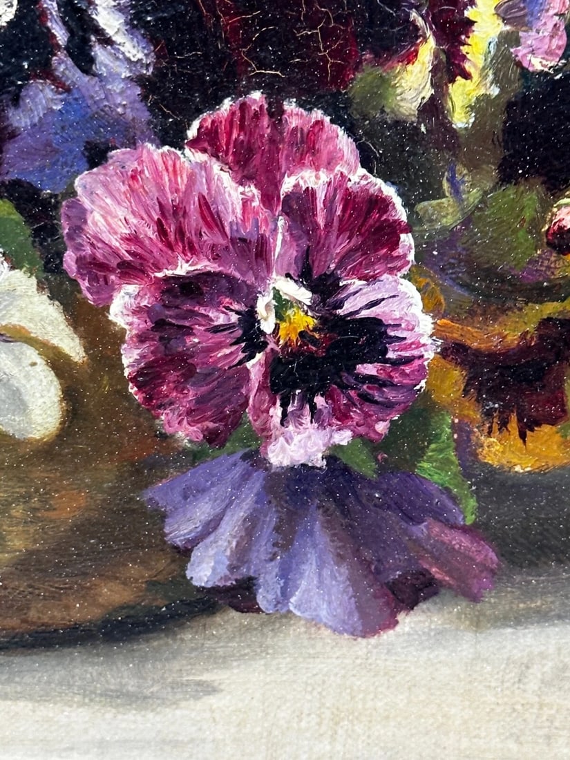 Danish Oil Painting Still Life "Pansies" Flowers Signed Emma Løffler 1843 – 1929 - 9