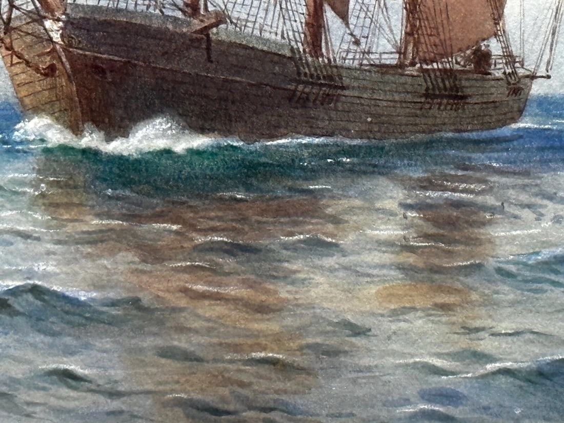 Victorian Marine Watercolour Barque Sailing Ship By Samuel John Milton Brown - 10
