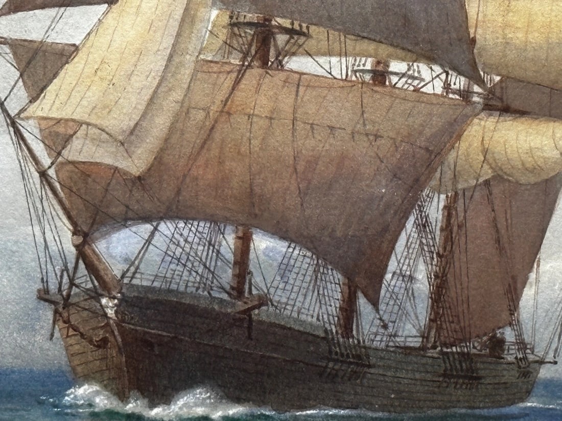 Victorian Marine Watercolour Barque Sailing Ship By Samuel John Milton Brown - 14