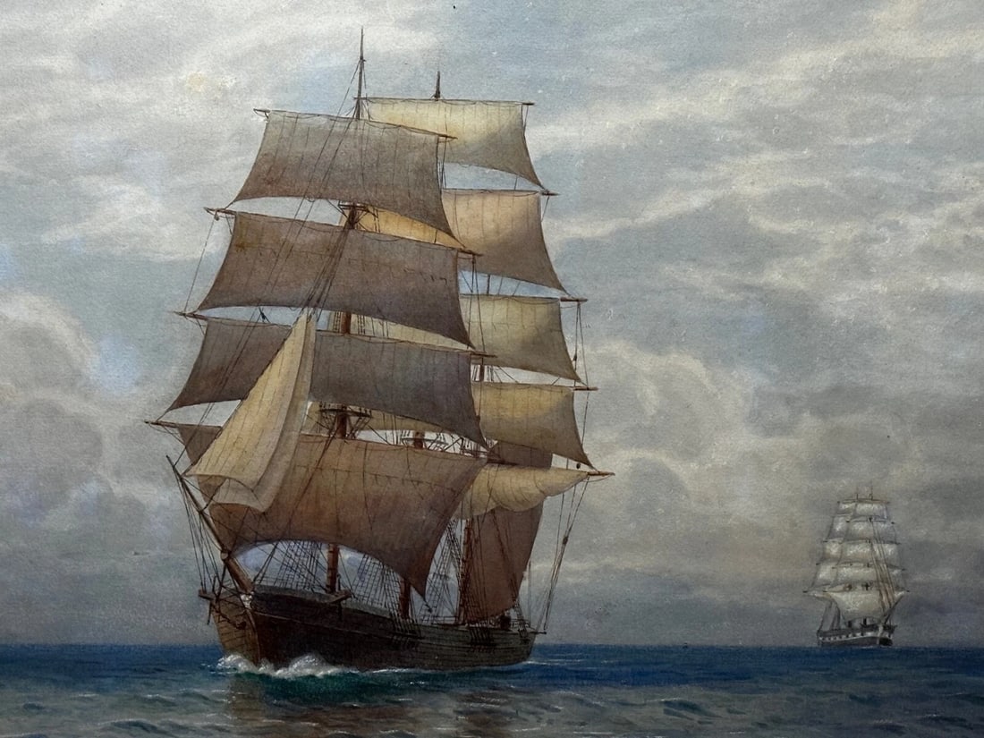 Victorian Marine Watercolour Barque Sailing Ship By Samuel John Milton Brown - 2