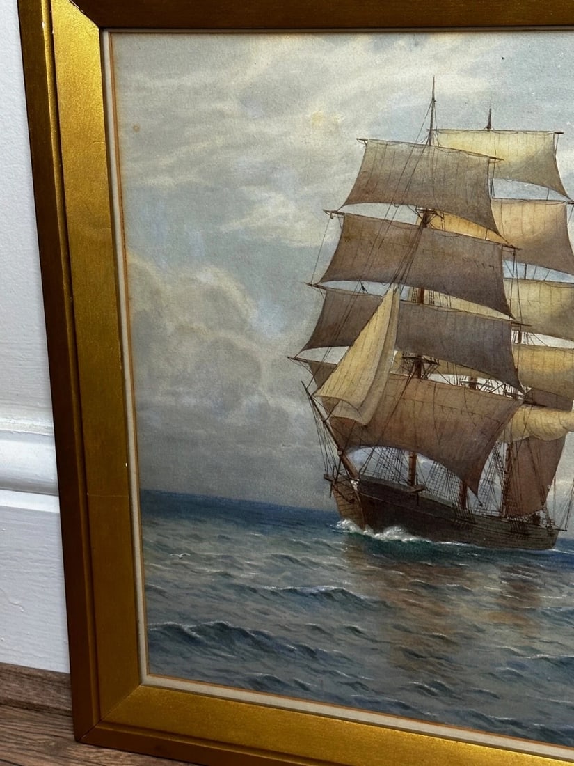 Victorian Marine Watercolour Barque Sailing Ship By Samuel John Milton Brown - 4