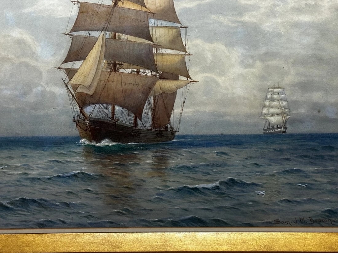 Victorian Marine Watercolour Barque Sailing Ship By Samuel John Milton Brown - 5