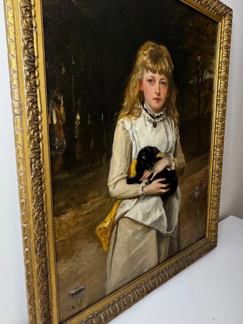 Important Victorian Oil Portrait of Rachel Weigall with Kitten By Henry Weigall - 10