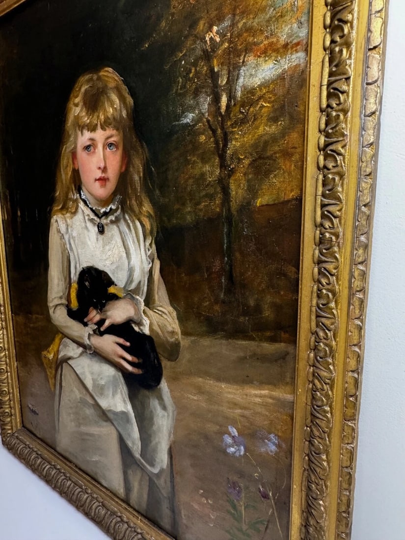Important Victorian Oil Portrait of Rachel Weigall with Kitten By Henry Weigall - 11