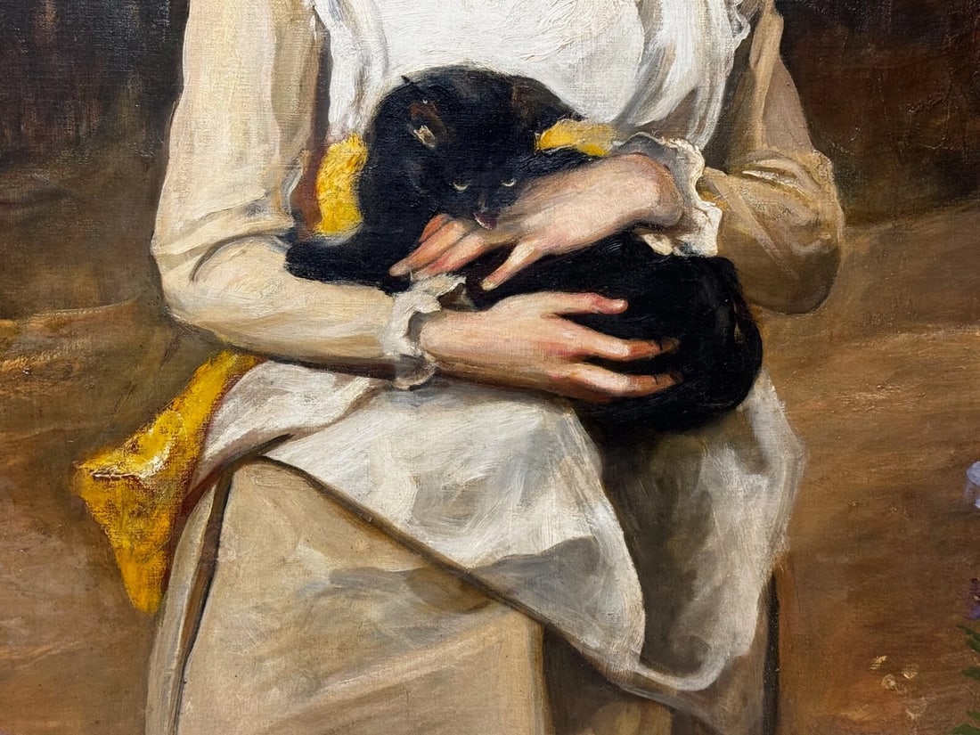 Important Victorian Oil Portrait of Rachel Weigall with Kitten By Henry Weigall - 14
