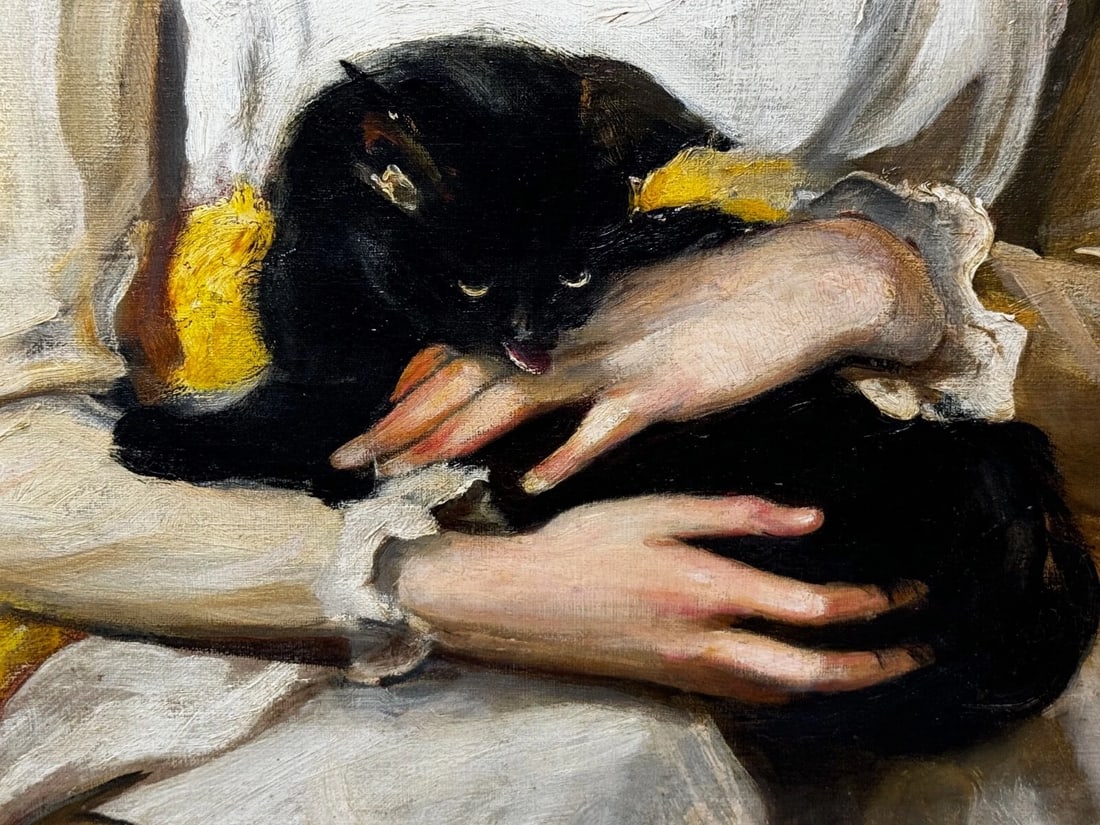 Important Victorian Oil Portrait of Rachel Weigall with Kitten By Henry Weigall - 15