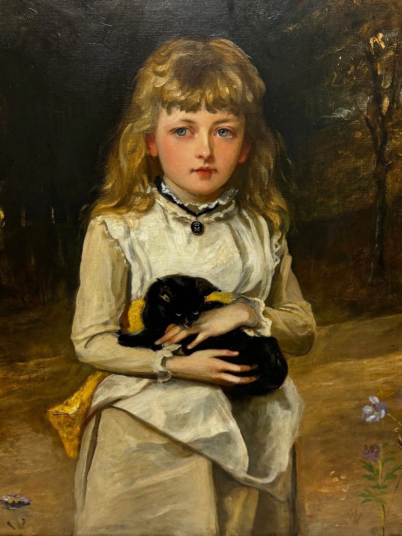 Important Victorian Oil Portrait of Rachel Weigall with Kitten By Henry Weigall - 2