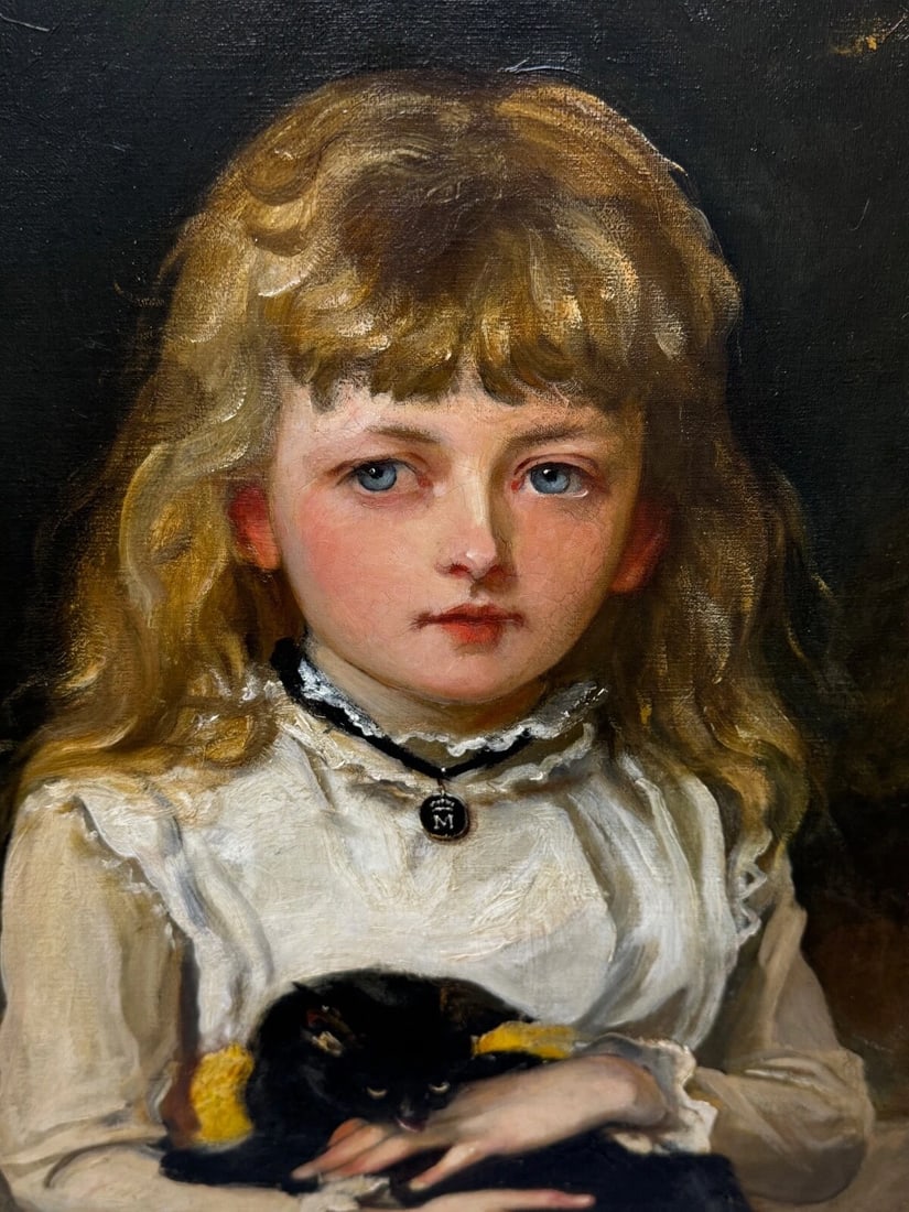 Important Victorian Oil Portrait of Rachel Weigall with Kitten By Henry Weigall - 3