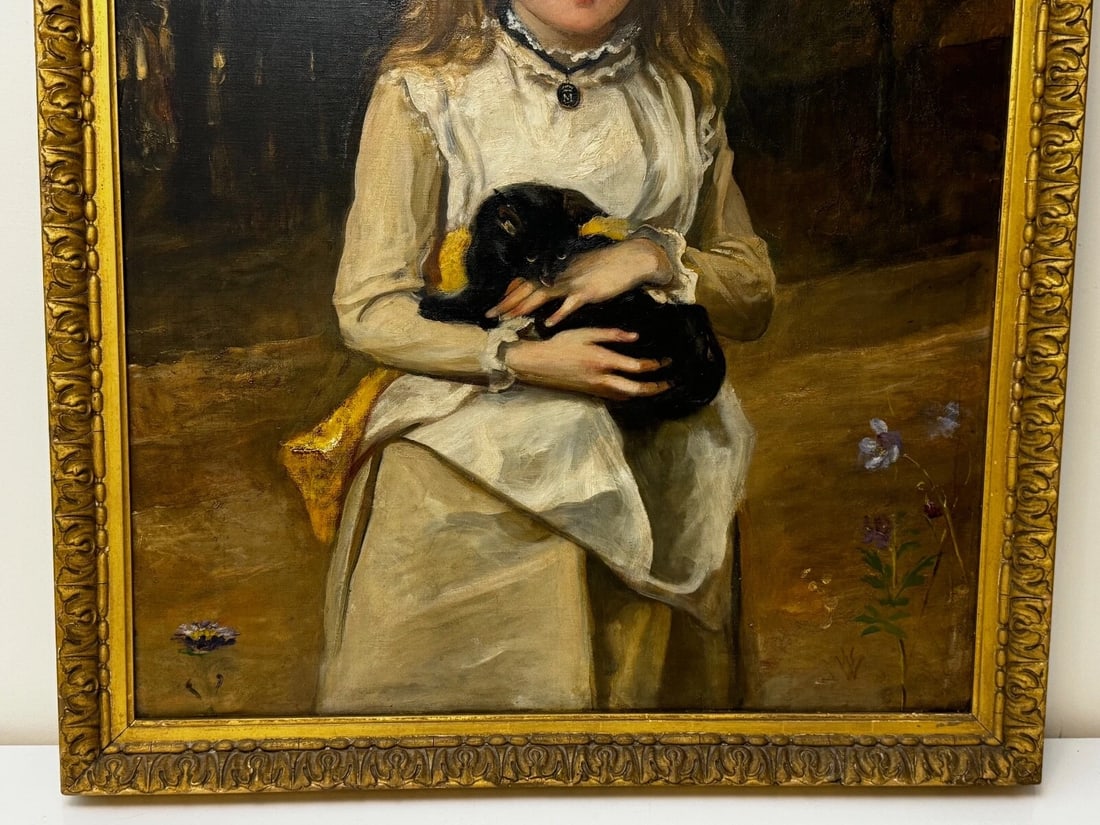Important Victorian Oil Portrait of Rachel Weigall with Kitten By Henry Weigall - 7