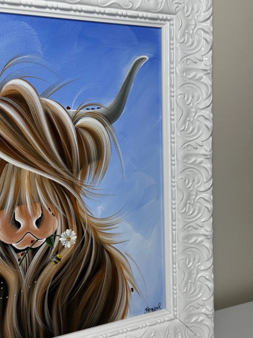 Expressionist Highland Horned Female Cow Oil Painting McMoo With Garden Insects - 2