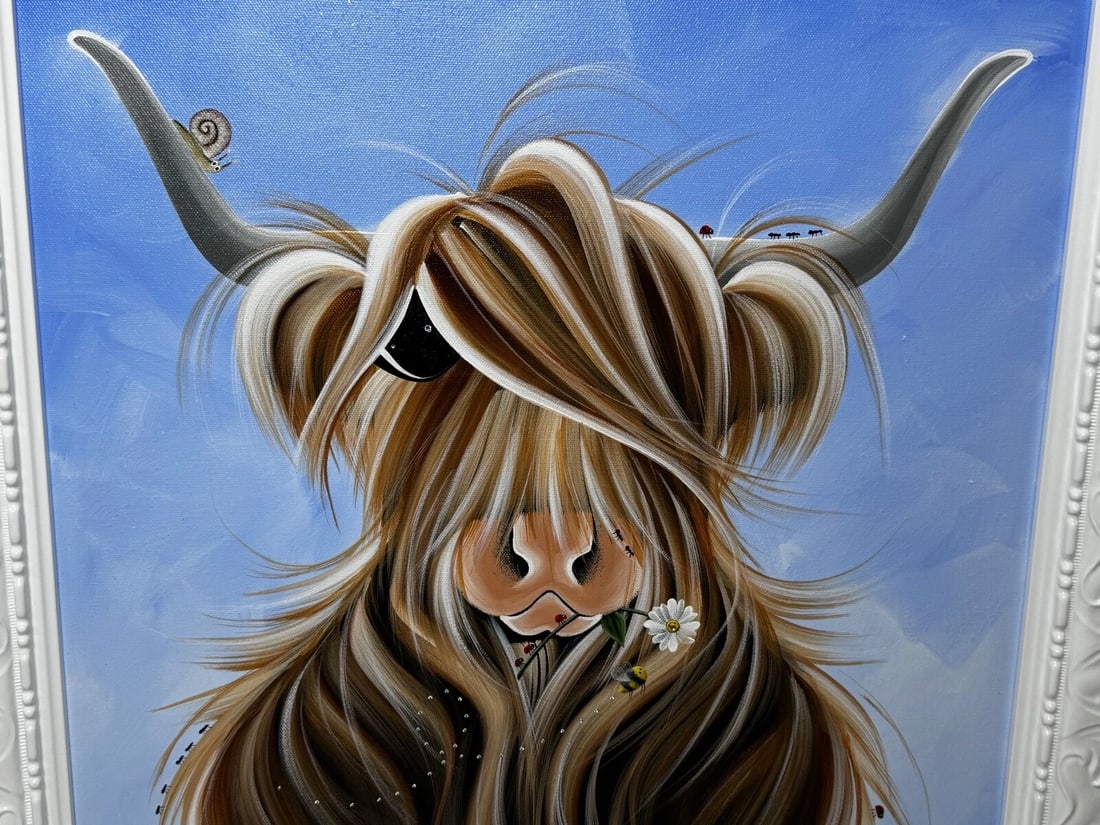 Expressionist Highland Horned Female Cow Oil Painting McMoo With Garden Insects - 9
