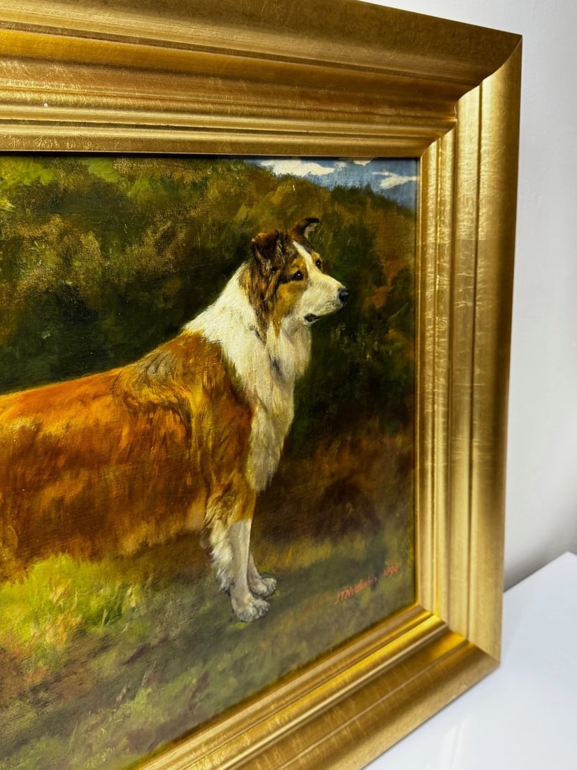 Large Victorian Oil Portrait Rough Collie Signed by John Trivett Nettleship - 15