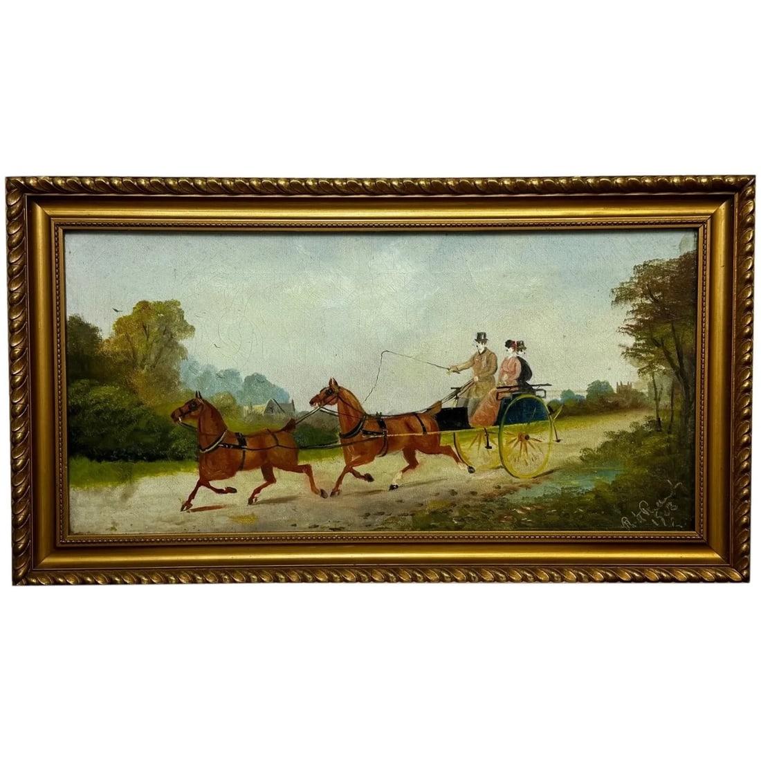 Edwardian Oil Painting Horses & Carriage Coachman Riders Signed Philip H Rideout