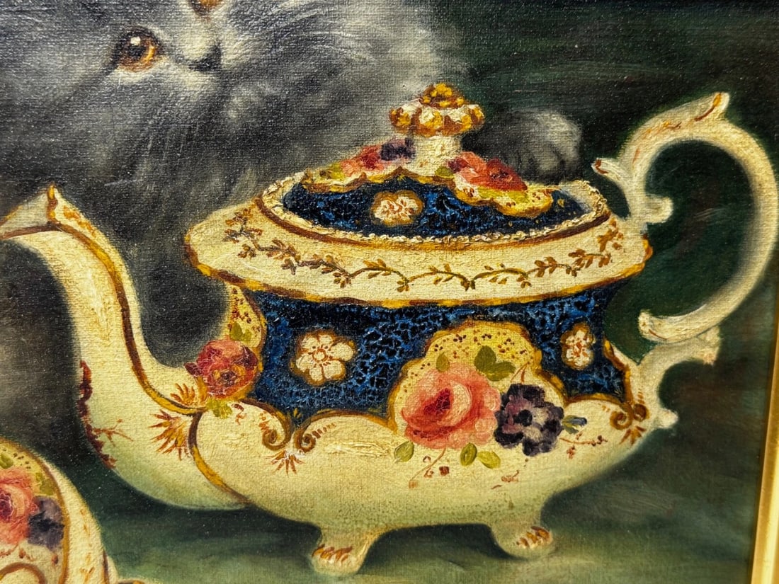 Oil Masterpiece Persian Kittens Playing Tea Party By Agnes Augusta Talboys - 11