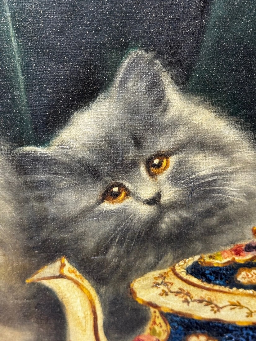 Oil Masterpiece Persian Kittens Playing Tea Party By Agnes Augusta Talboys - 13