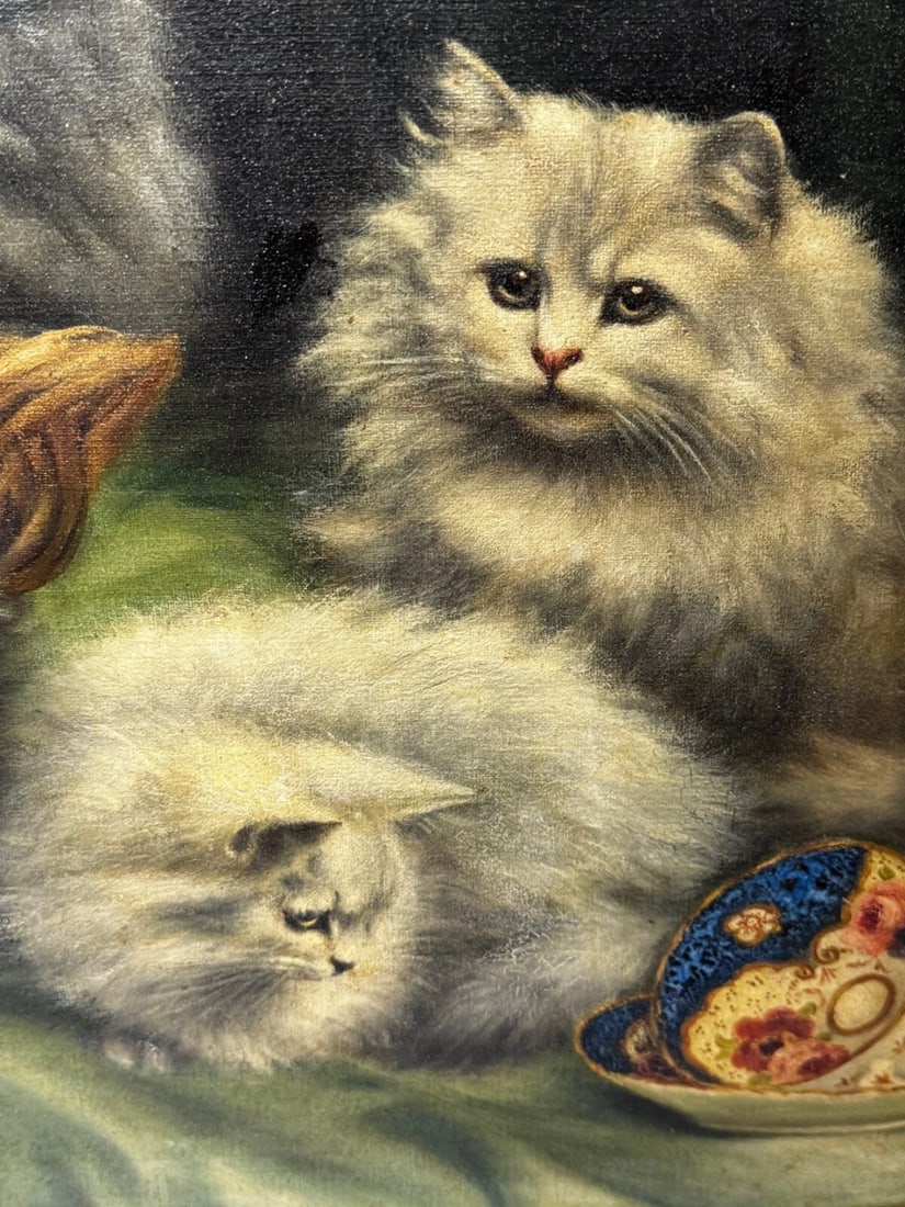 Oil Masterpiece Persian Kittens Playing Tea Party By Agnes Augusta Talboys - 15