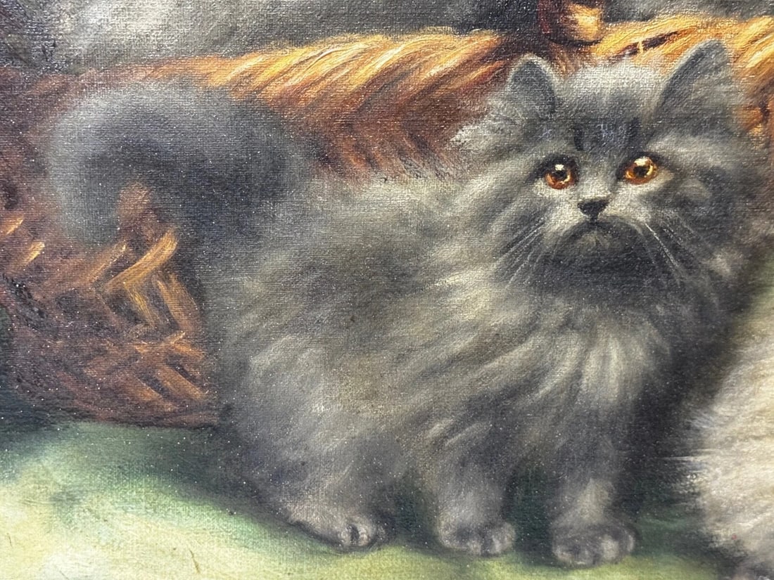 Oil Masterpiece Persian Kittens Playing Tea Party By Agnes Augusta Talboys - 18