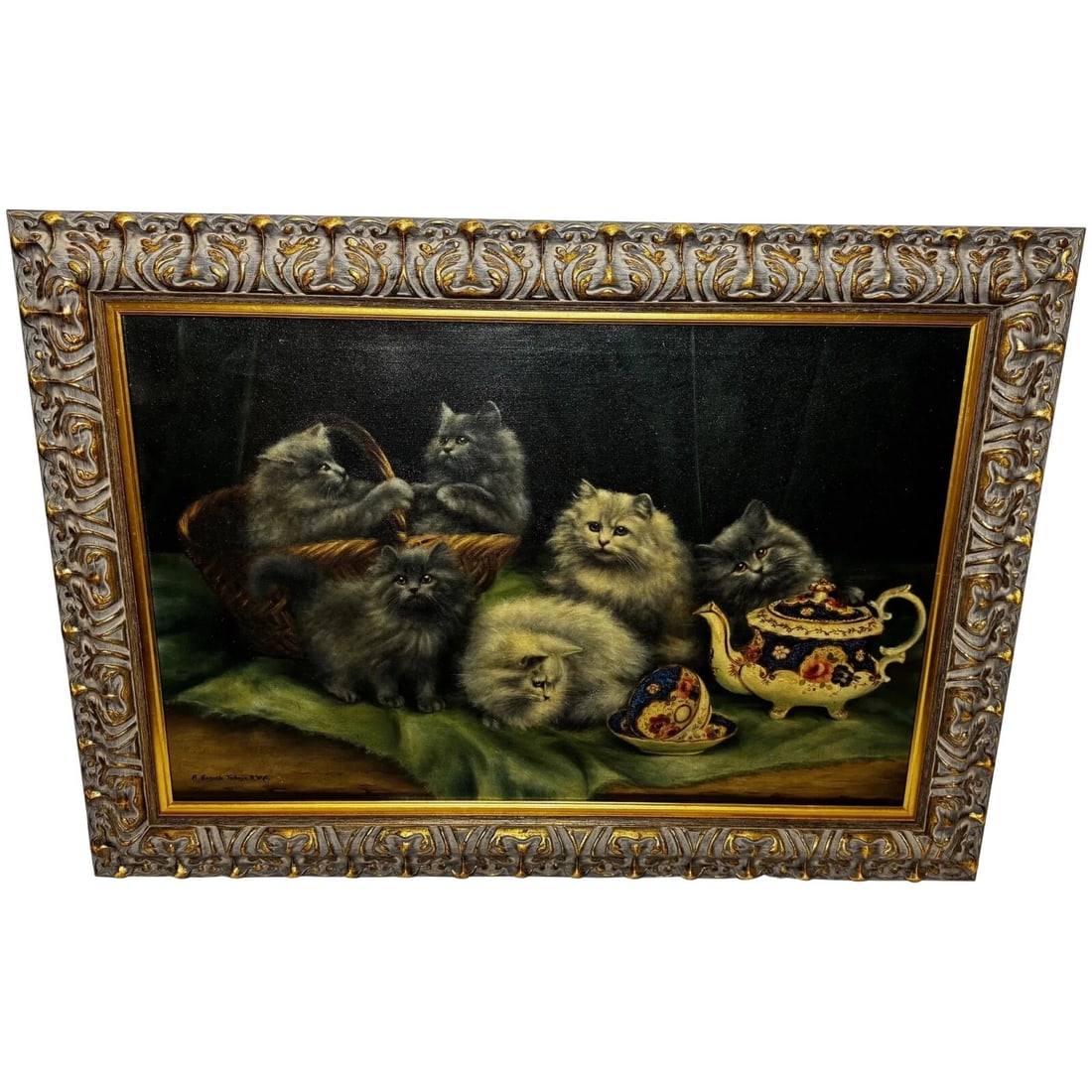 Oil Masterpiece Persian Kittens Playing Tea Party By Agnes Augusta Talboys (1 of 20)