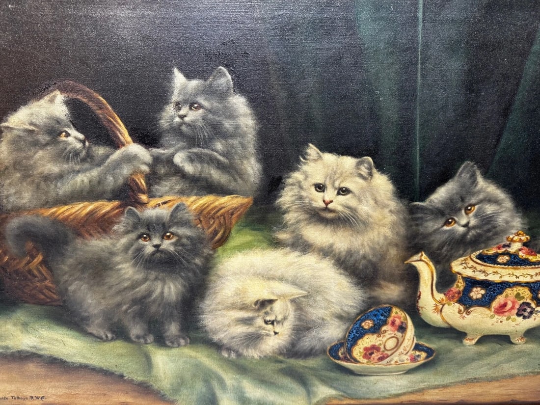 Oil Masterpiece Persian Kittens Playing Tea Party By Agnes Augusta Talboys - 2