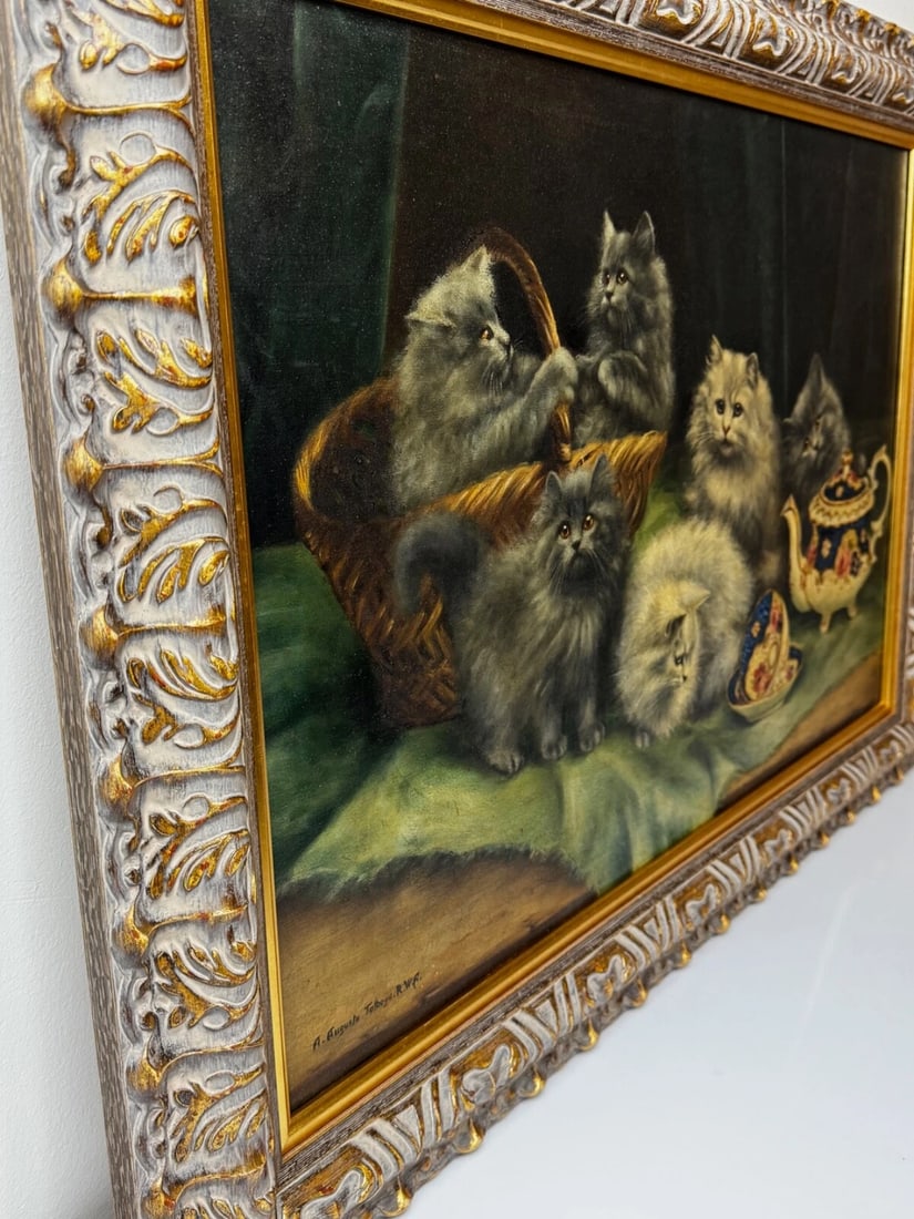 Oil Masterpiece Persian Kittens Playing Tea Party By Agnes Augusta Talboys - 3