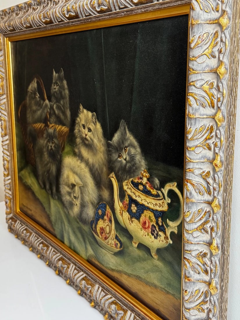 Oil Masterpiece Persian Kittens Playing Tea Party By Agnes Augusta Talboys - 4
