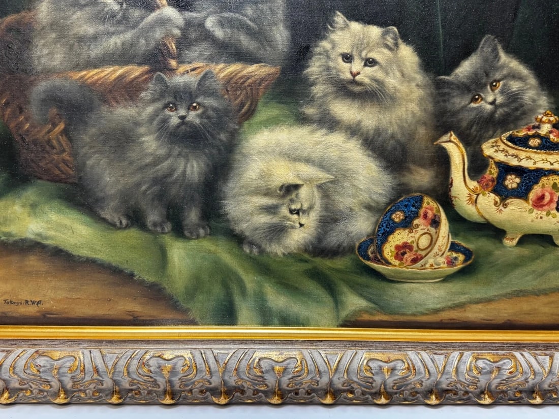 Oil Masterpiece Persian Kittens Playing Tea Party By Agnes Augusta Talboys - 5