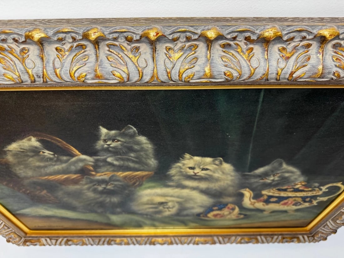 Oil Masterpiece Persian Kittens Playing Tea Party By Agnes Augusta Talboys - 8