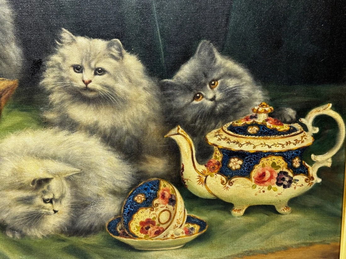Oil Masterpiece Persian Kittens Playing Tea Party By Agnes Augusta Talboys - 9