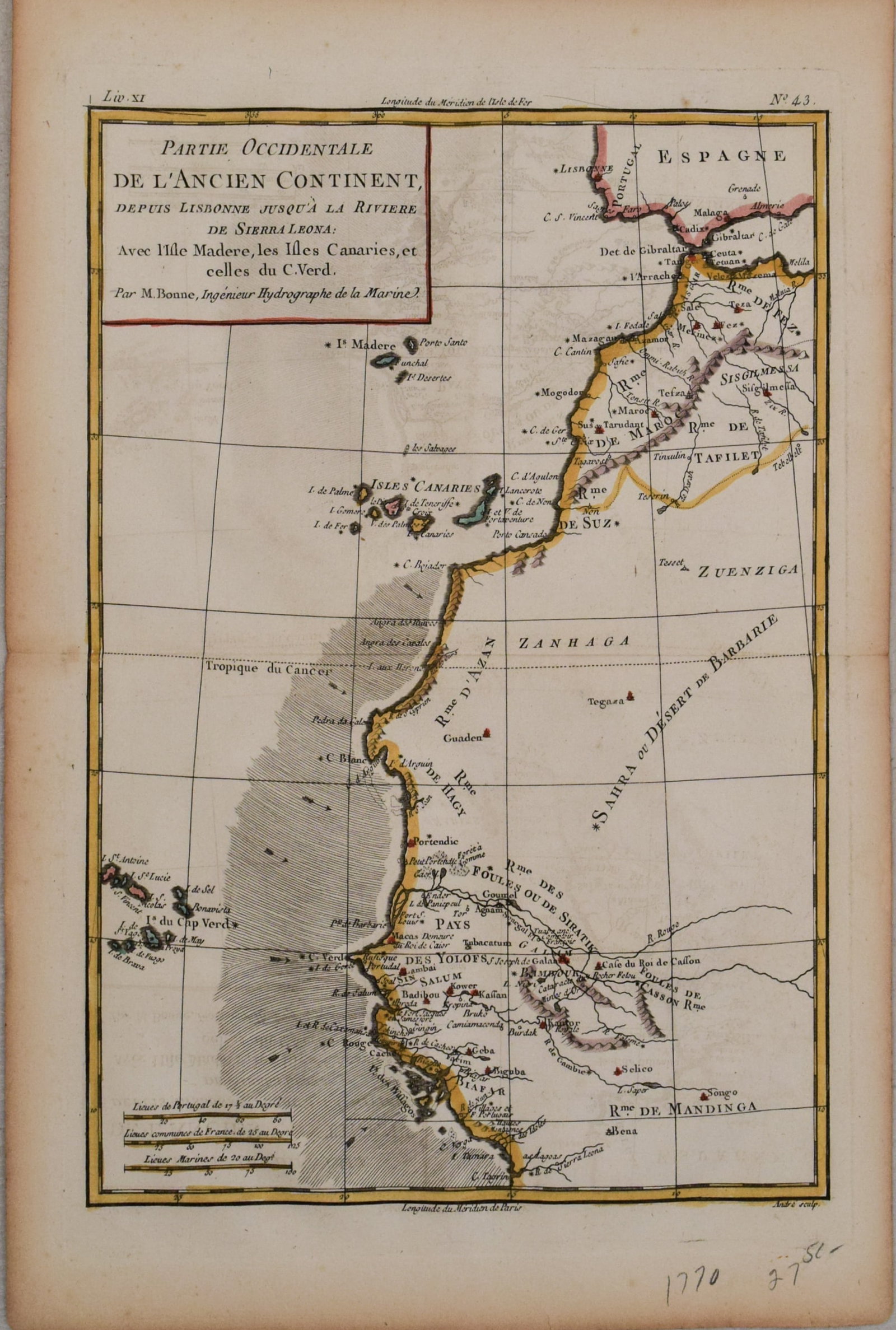 1770 Bonne Map of Northwest Africa -- Partie Occidentale De L'Ancien Continent, Depuis Lisbonne: Title:1770 Bonne Map of Northwest Africa -- Partie Occidentale De L'Ancien Continent, Depuis Lisbonne Jusqu'a La Riviere De Sierra Leona: Avec l'Isle Madere, les Isles Canaries, et celles du