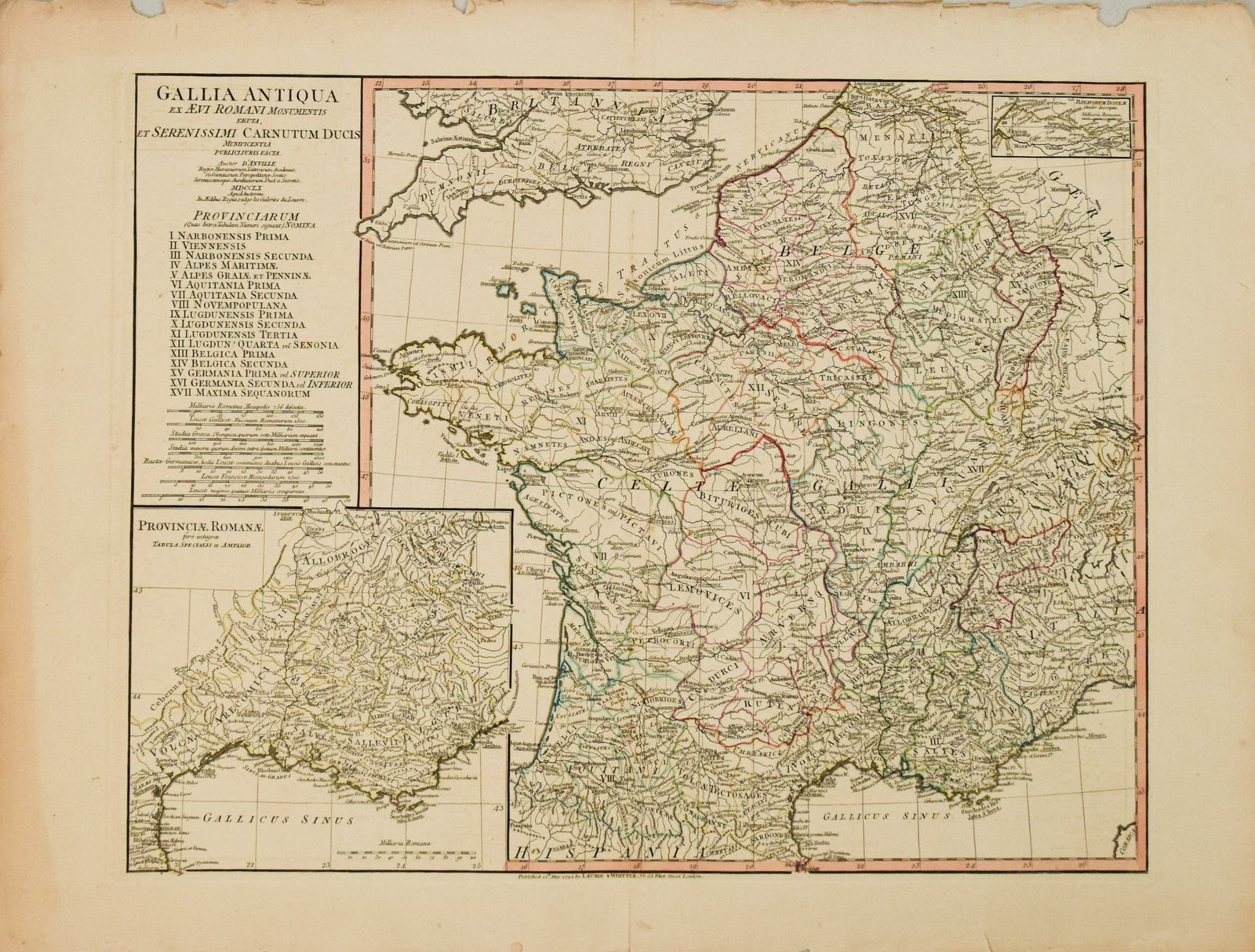 1760 d'Anville map of France in Roman Times -- Gallia Antiqua ex Aevi Romani Monumentis Eruta, et: Title:1760 d'Anville map of France in Roman Times -- Gallia Antiqua ex Aevi Romani Monumentis Eruta, et Serenissimi Carnutum Ducis…,li>Cartographer:J d'Anville Year/Place:1760, Paris Map Dimensi