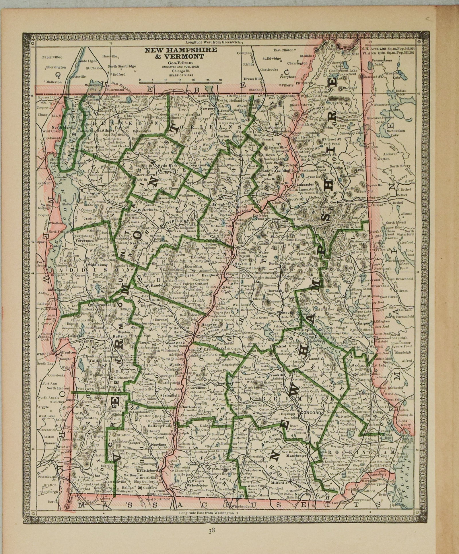 1890 ca. Cram Map of New Hampshire and Vermont -- New Hampshire and Vermont (1 of 1)