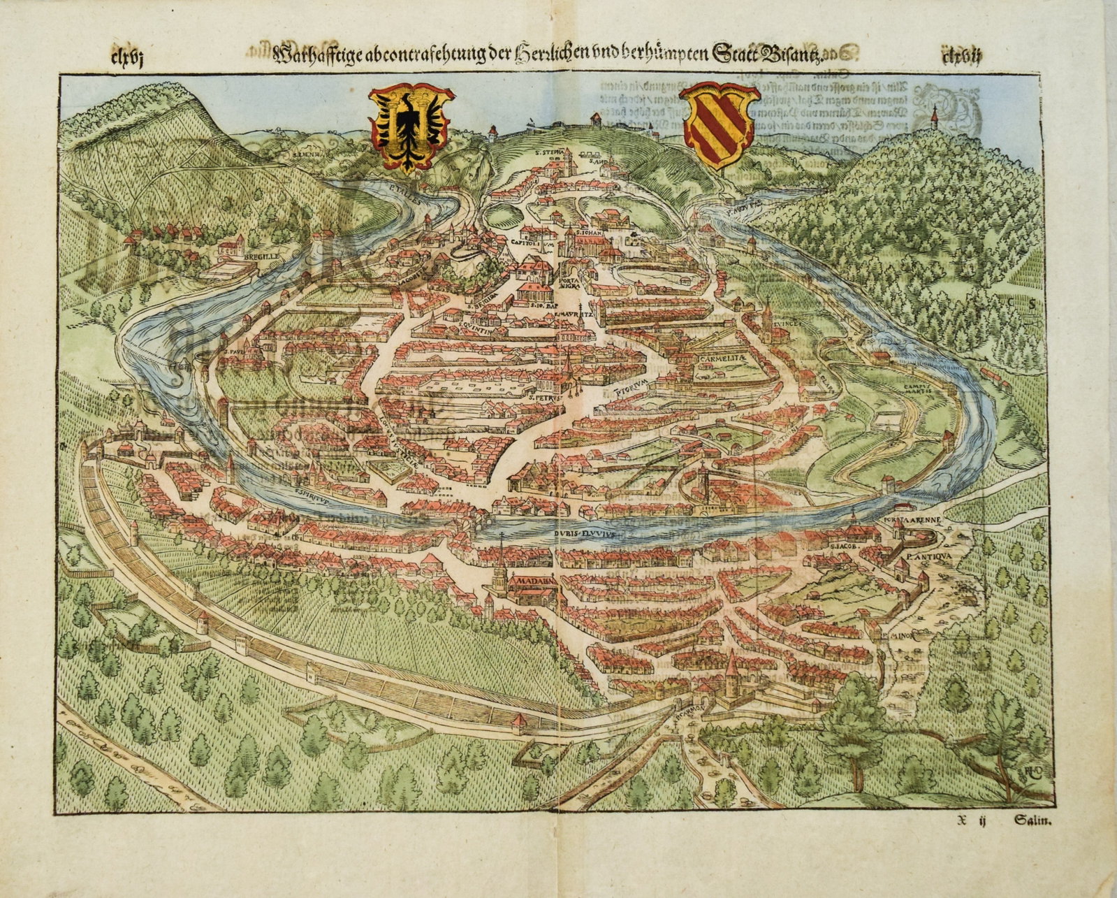 1598 Munster View of Besancon, France -- [Die Statt Bisantz]: Title:1598 Munster View of Besancon, France -- [Die Statt Bisantz],li>Cartographer:S Munster Year/Place:1598 c., Basel Map Dimension (in.):10.8 X 14.5 in. Description:This is excellent double page
