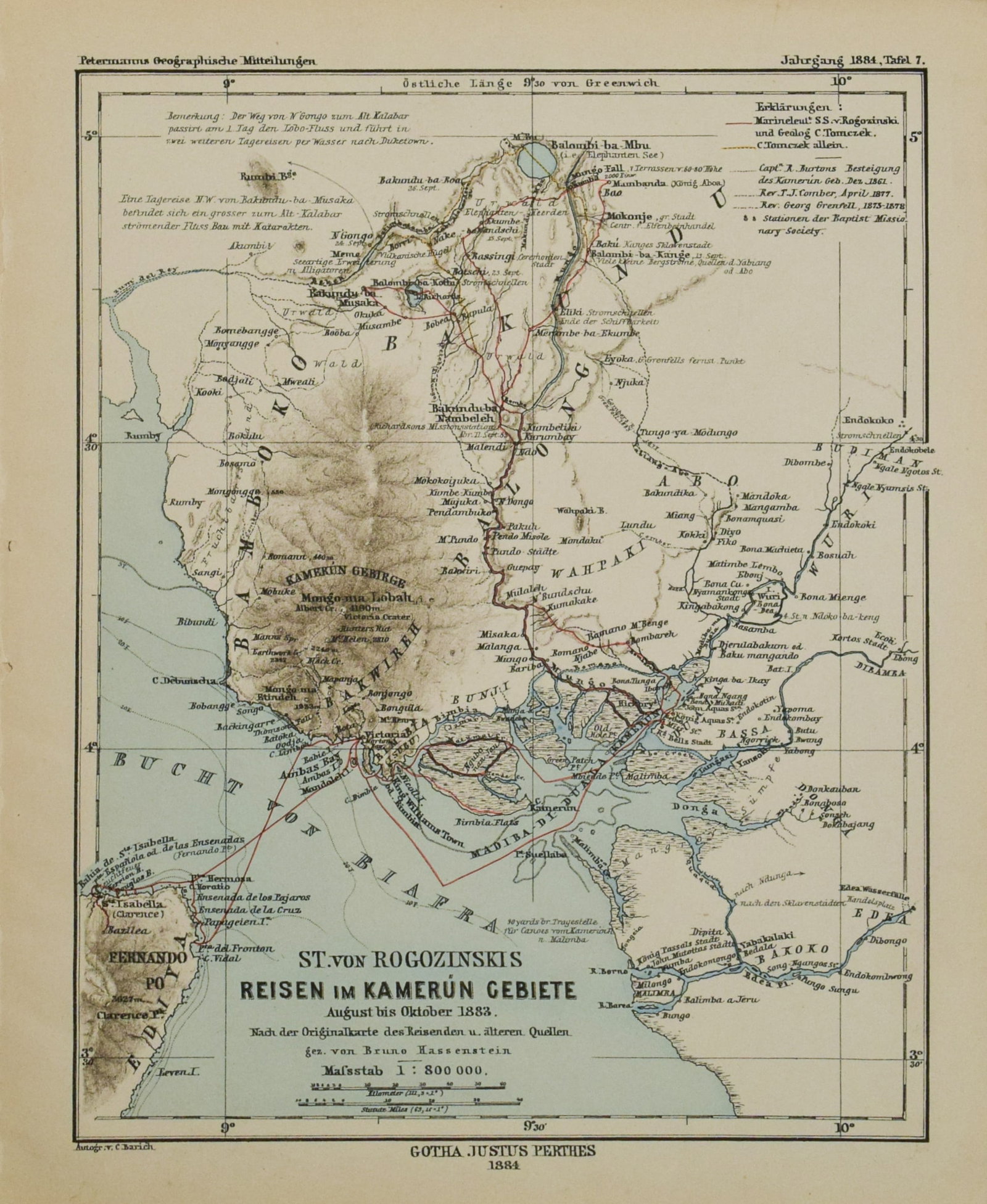 1884 Perthes Map of Cameroon's Coastal Area -- St. von Rogozinskis Reisen im Kamerun Gebiete August: Title:1884 Perthes Map of Cameroon's Coastal Area -- St. von Rogozinskis Reisen im Kamerun Gebiete August bis Oktober 1883,li>Cartographer:J Perthes Year/Place:1884, Gotha Map Dimension (in.):9.7 X