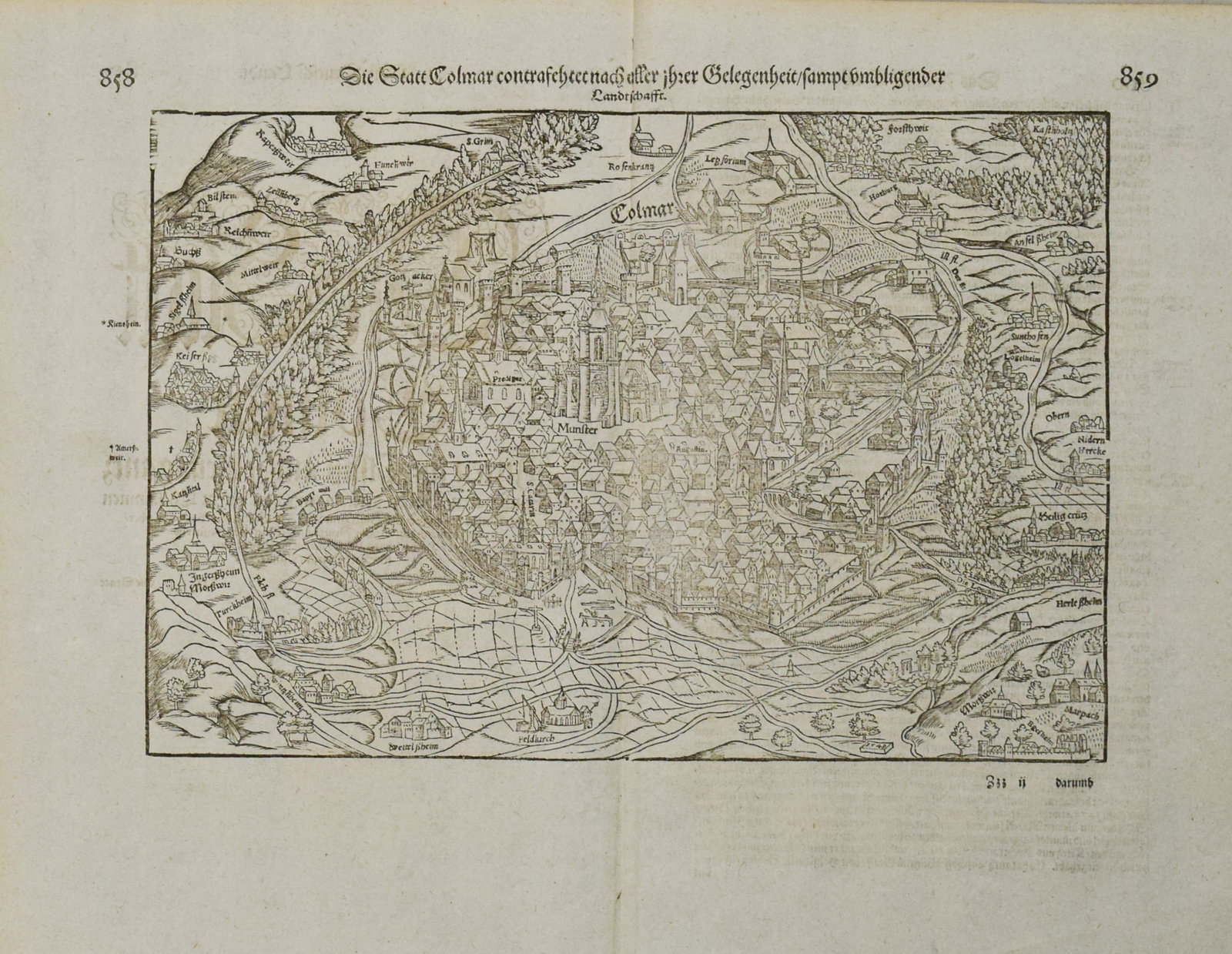 1598 Munster View of Colmar, France -- Die Statt Colmar Contrafehtet nach aller irer Gelegenheit /: Title:1598 Munster View of Colmar, France -- Die Statt Colmar Contrafehtet nach aller irer Gelegenheit / sampt Umbligender Landtschafft,li>Cartographer:S Munster Year/Place:1598, Basel Map Dimension