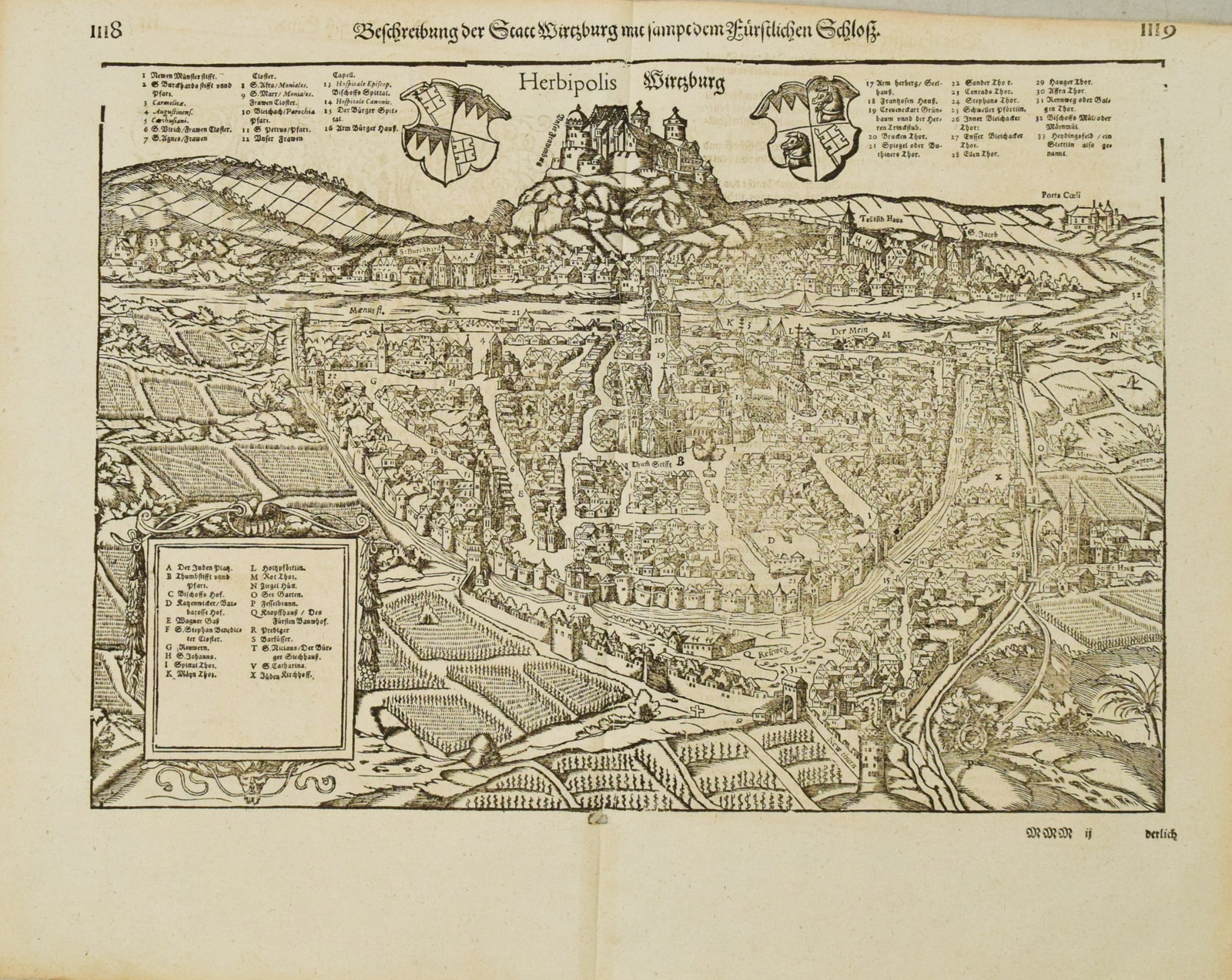 1598 Munster View of Wurzburg, Germany -- Herbipolis Wirtzburg: Title:1598 Munster View of Wurzburg, Germany -- Herbipolis Wirtzburg,li>Cartographer:S Munster Year/Place:1598 c., Basel Map Dimension (in.):10.7 X 14.4 in. Description:This is a stunning double-page