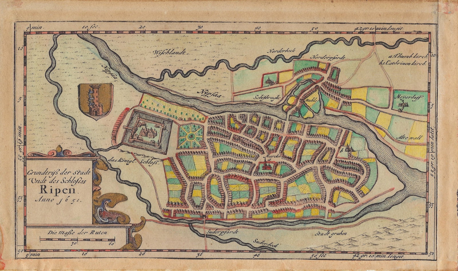 1651 Mejer Map of Ribe, Denmark -- Grundtriss der Stadt undt des Schlosses Ripen Anno 1651.: Title:1651 Mejer Map of Ribe, Denmark -- Grundtriss der Stadt undt des Schlosses Ripen Anno 1651.,li>Cartographer:J Mejer Year/Place:1651, Husum, Germany Map Dimension (in.):5.7 X 10 in.
